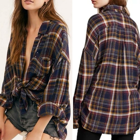 Free People We The Free Hidden Valley Button Down Black Multicolor Plaid Shirt M - Picture 3 of 12
